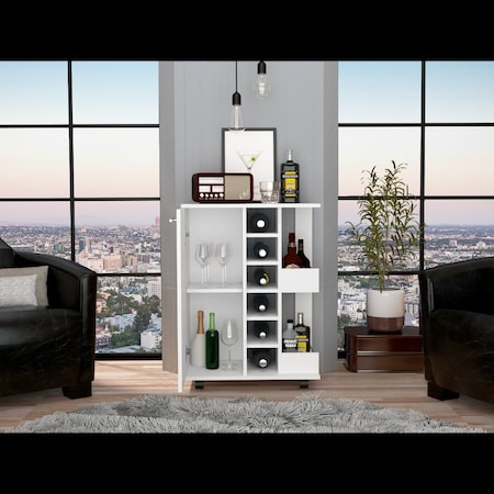 Tuhome Bar Cart, Two External Shelves, Four Casters, Six Built-in Wine Rack, Single Door Cabinet, White BLB6540